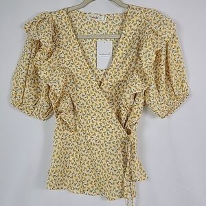 NEW Inmod Los Angeles Women's Folksong Floral Wrap Top in Yellow Size L